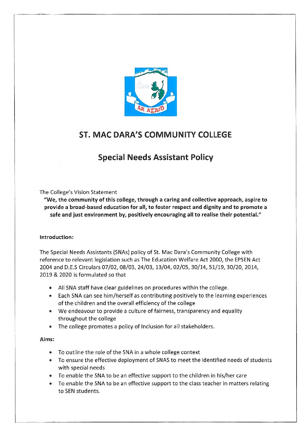 Special Needs Assistant Policy