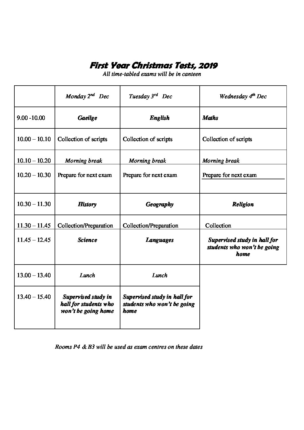 Christmas Exams – First Year Timetable