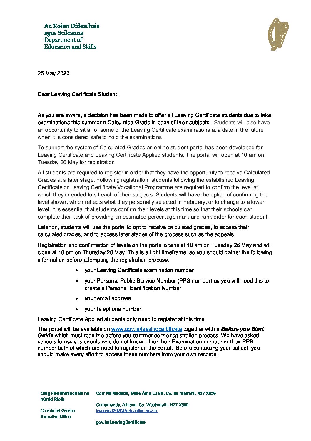 Leaving Cert Calculated Grades Student Portal