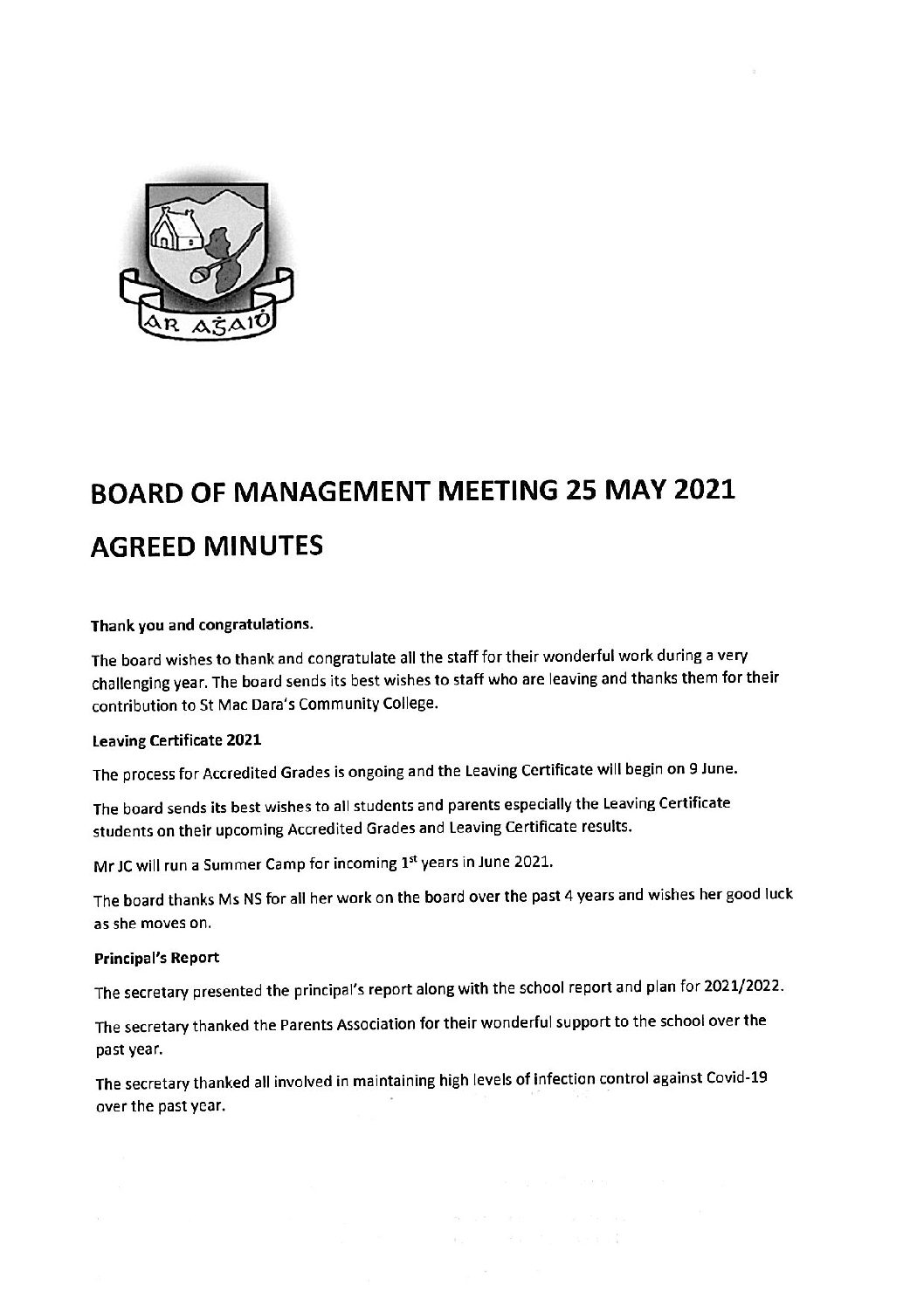 Board of Management Minutes 25th May 2021