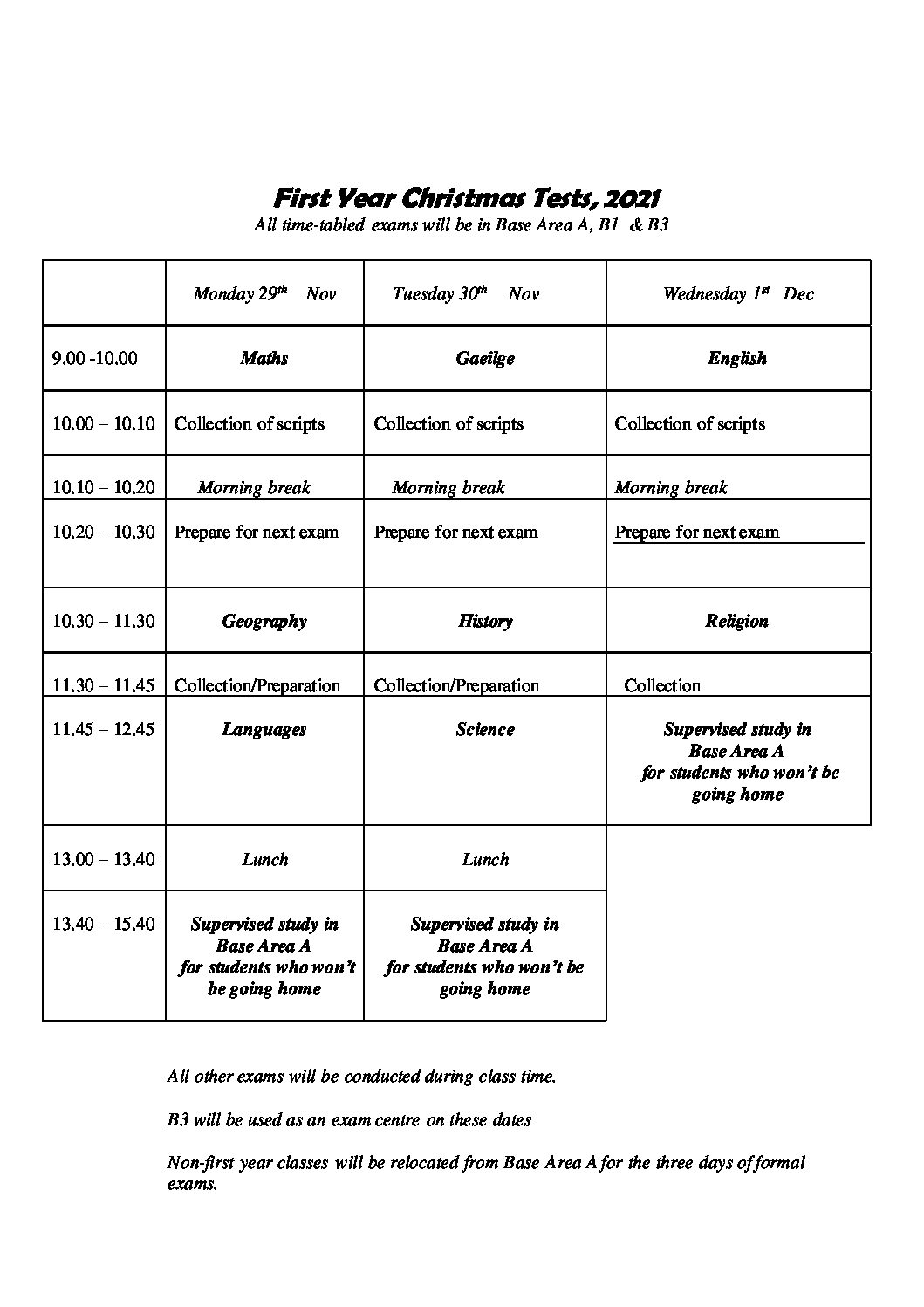 First Year Christmas Exam Timetable