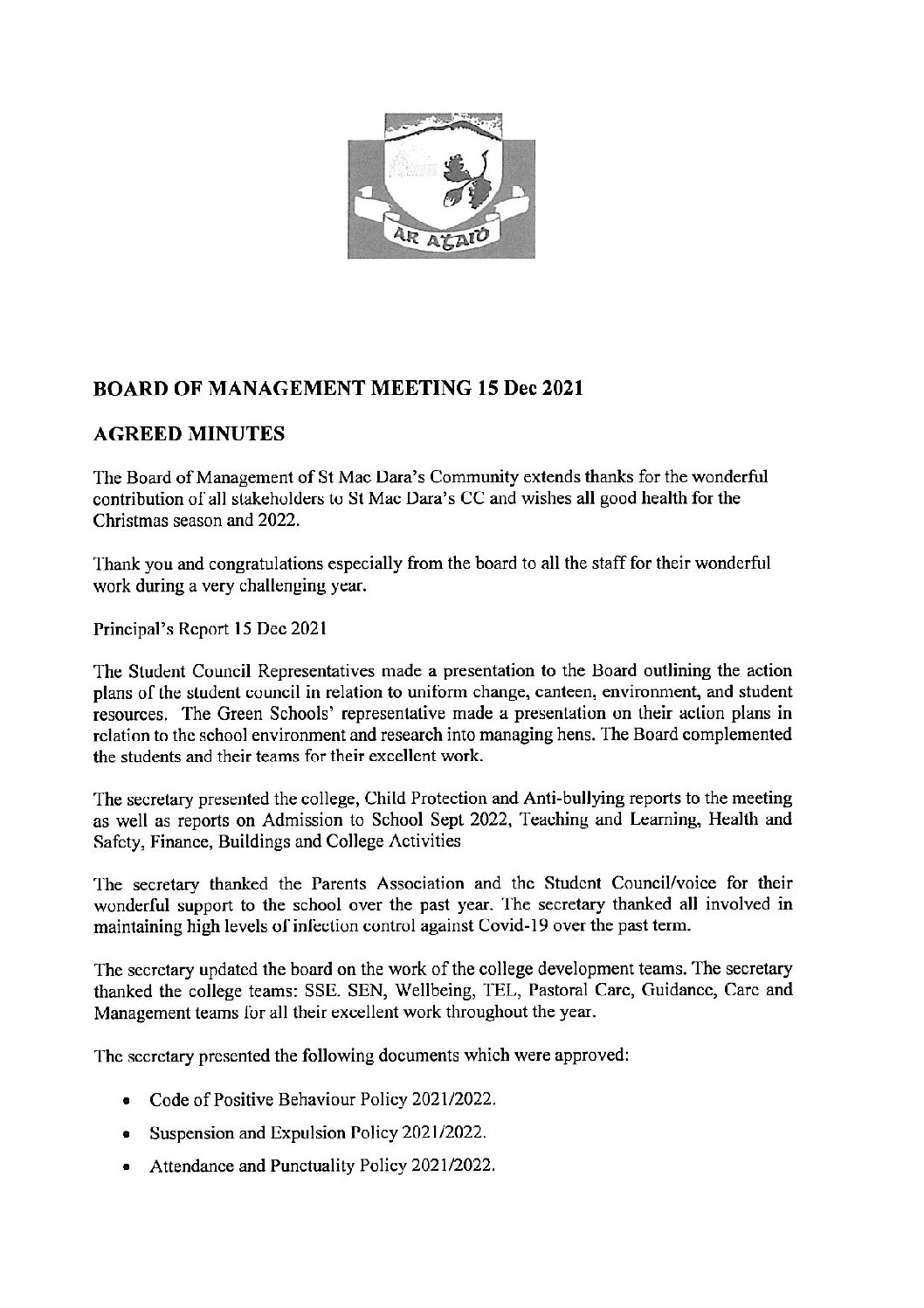 Board of Management Minutes – December 15th 2021