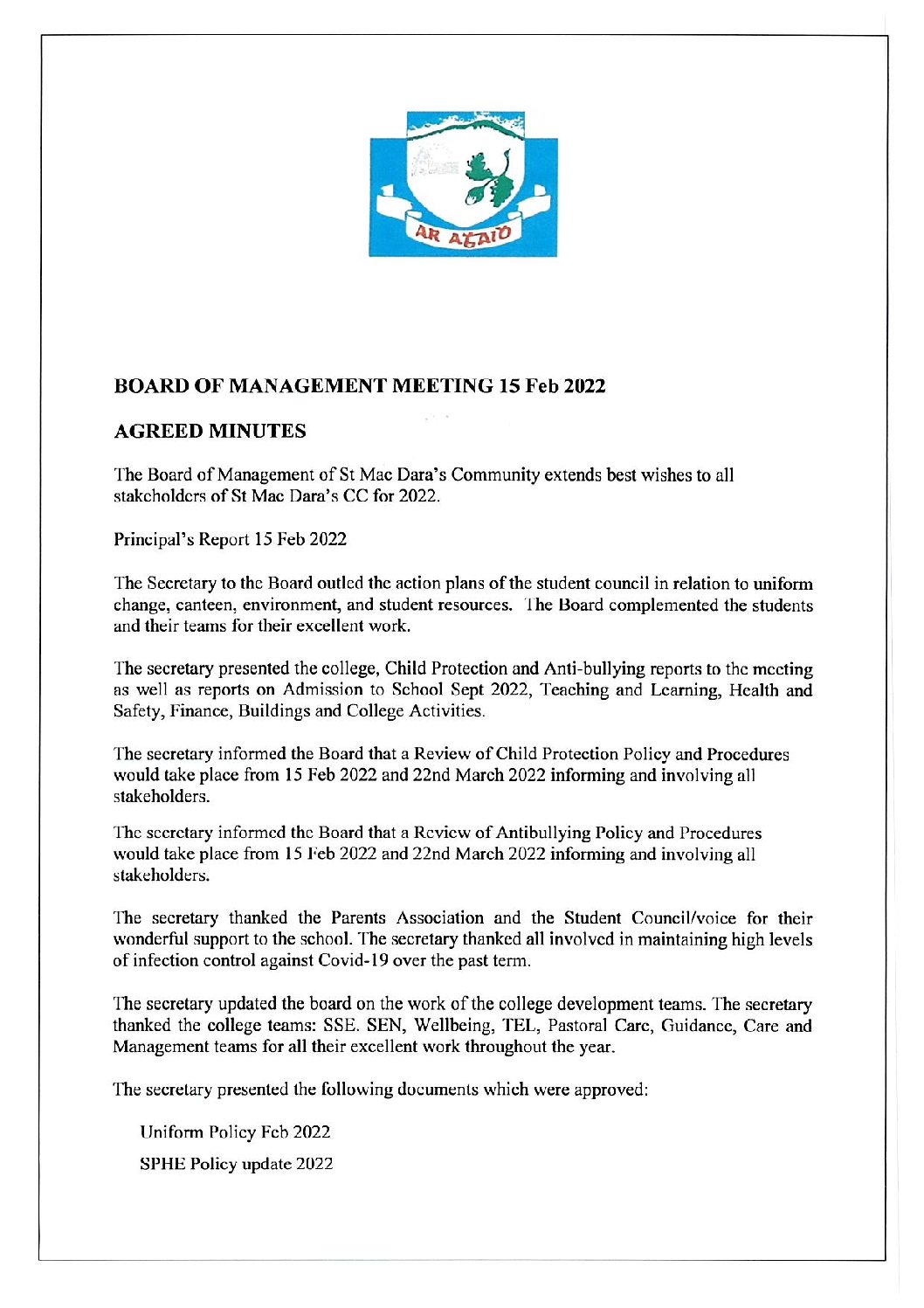 Board of Management Minutes – 15/2/2022