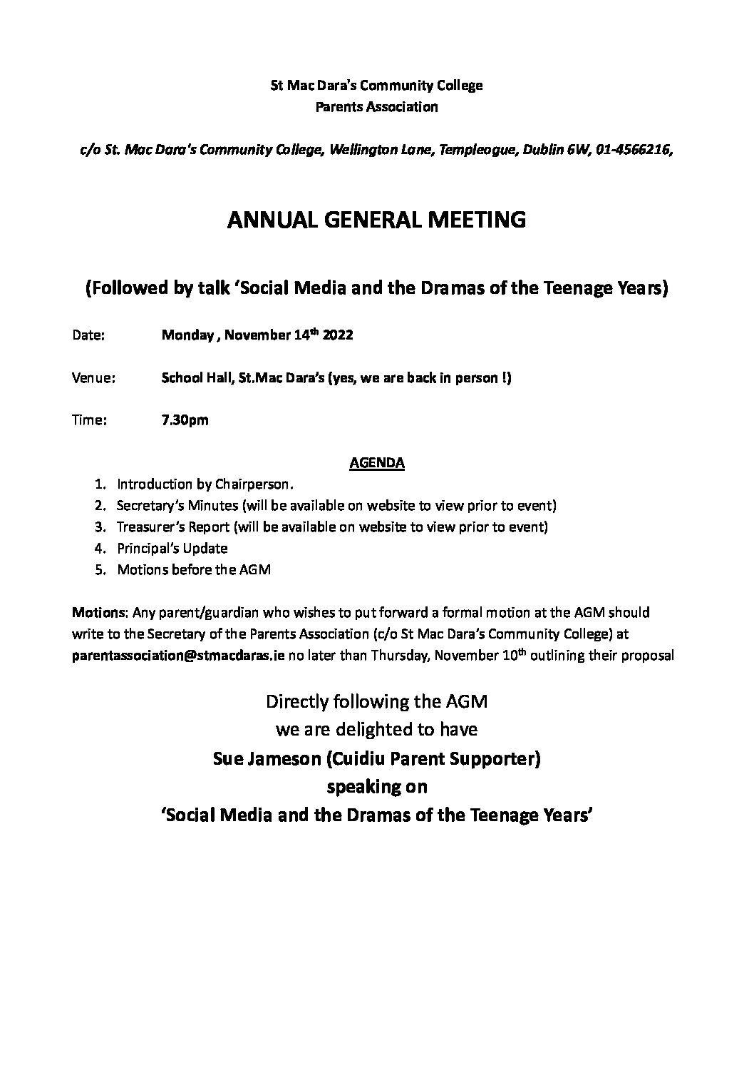 Parents Association AGM – November 14th 2022