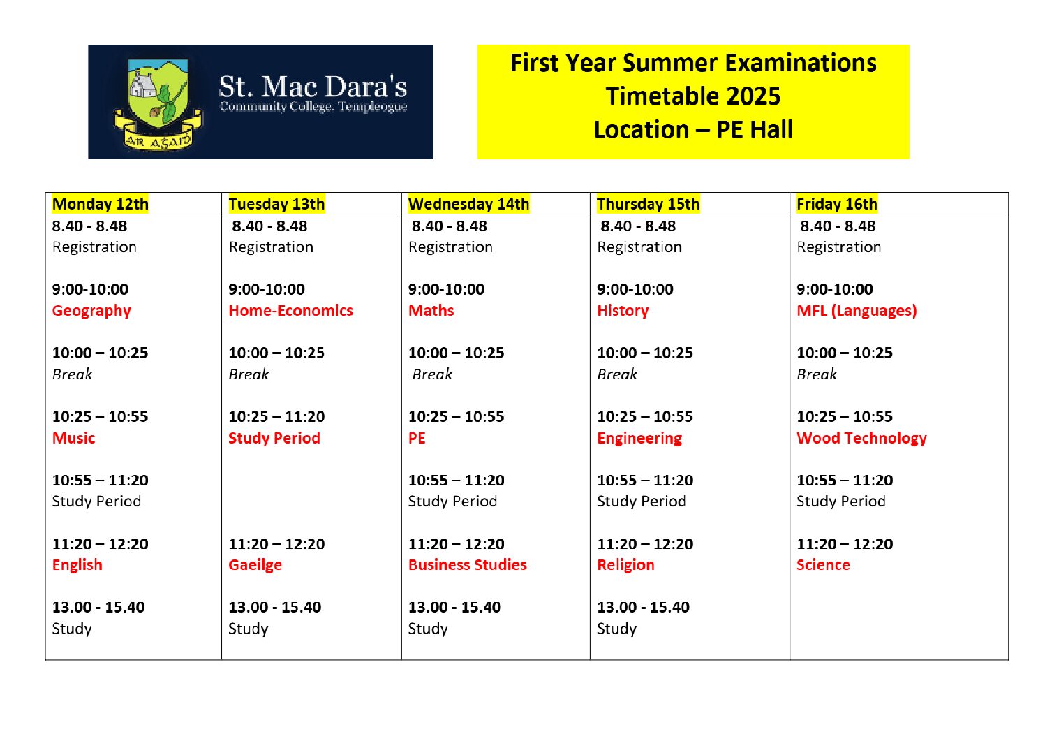 Summer Exam Timetables 2025