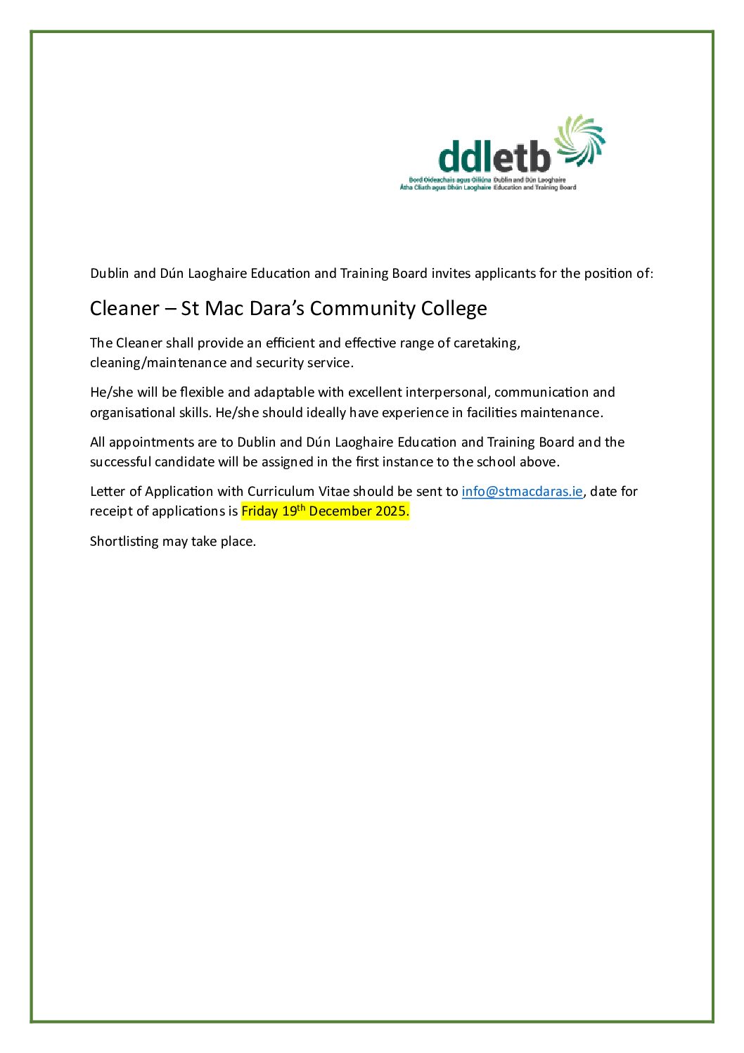 Job Advertisement – Cleaner