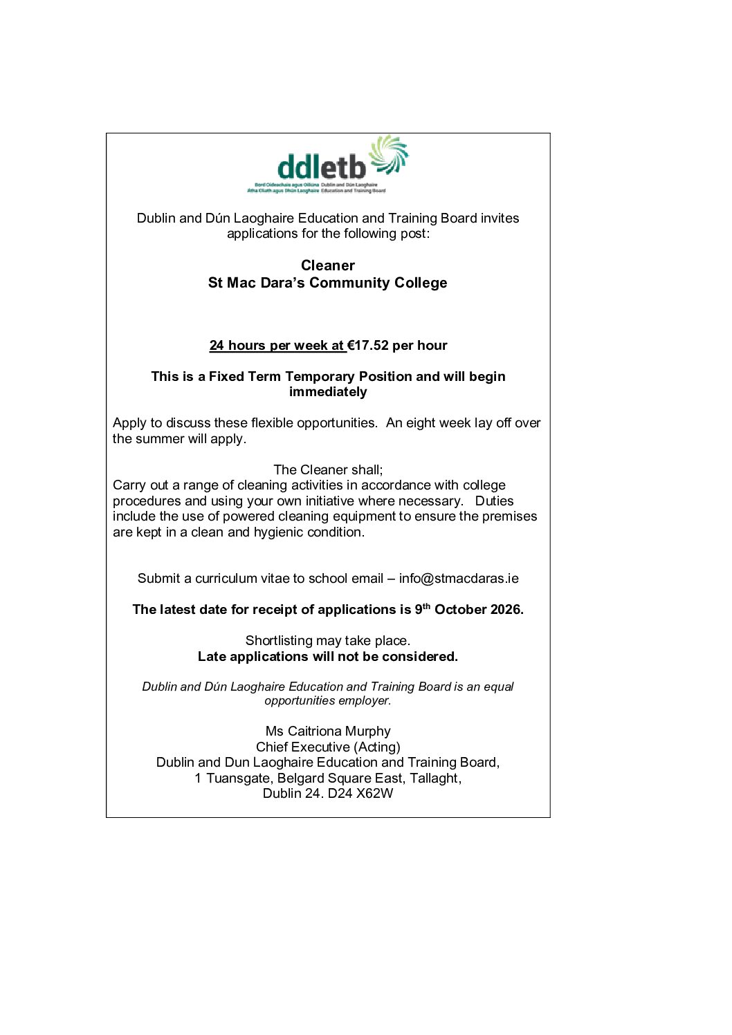 Cleaner Advert Part Time - Sept 2026